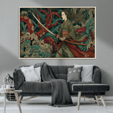 18902796-MGV-CV-36X24-Samurai Woman vs Octopus Wall Art – Japanese Ukiyo-e Green Kimono Canvas Print, Ocean Battle Scene Artwork for Living Room,