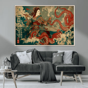 60201267-MGV-CV-36X24-Samurai Woman vs Octopus Wall Art – Japanese Ukiyo-e Armor Canvas Print, Red Tentacle Ocean Battle Artwork for Living Room,