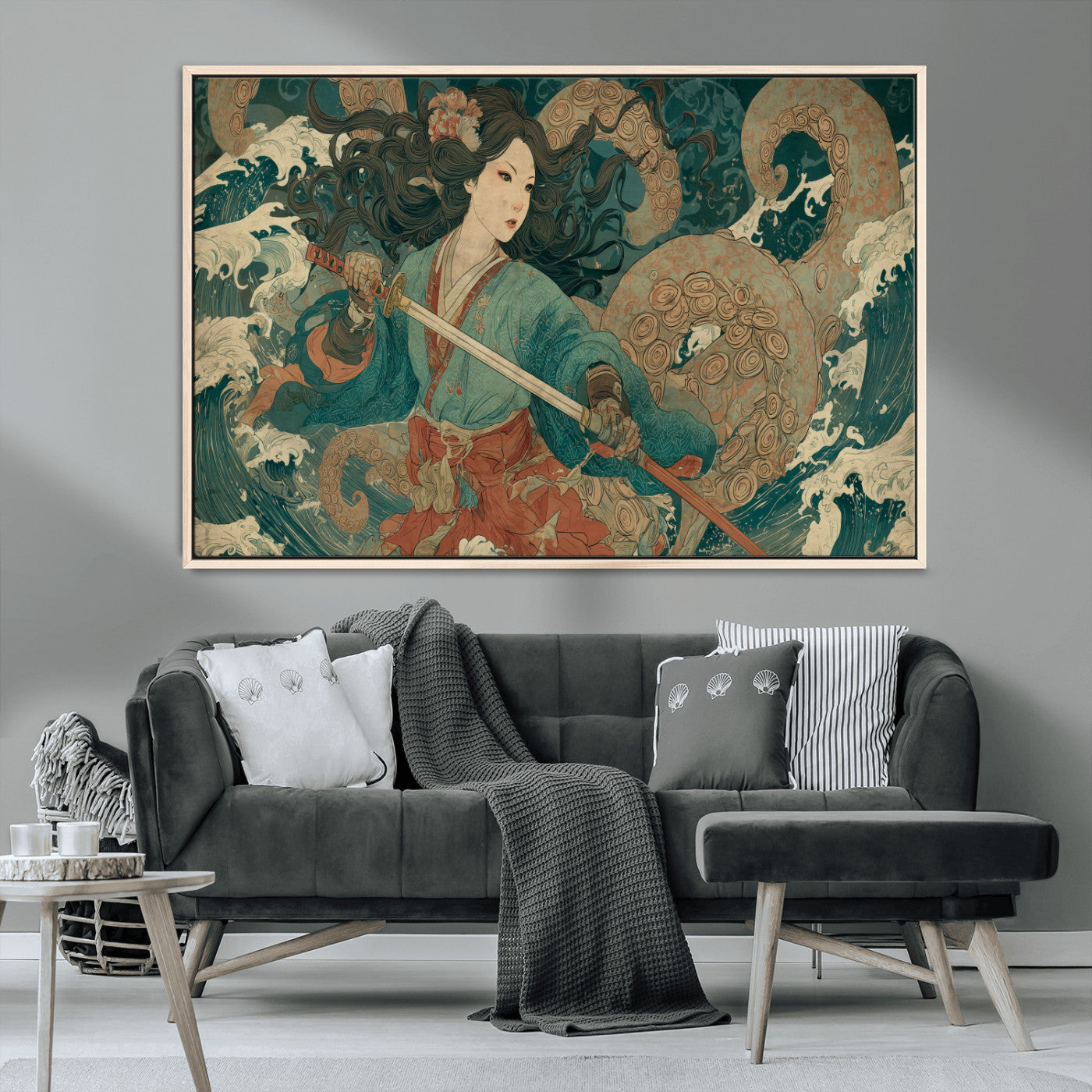 79740258-MGV-CV-36X24-Tsukioka Yoshitoshi Samurai Wall Art Print, Japanese Katana Warrior Canvas Wall Art, Octopus Sea Monster Canvas Print,