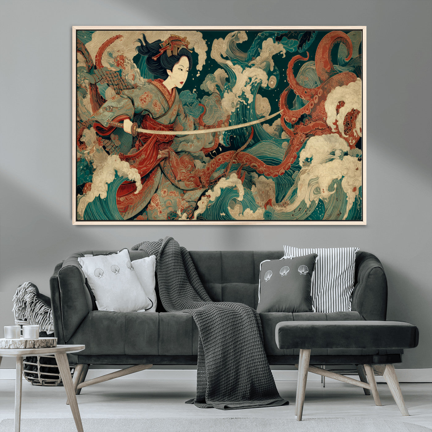 30212982-MGV-CV-36X24-Samurai Woman vs Octopus Wall Art – Japanese Ukiyo-e Style Warrior and Sea Monster Canvas Print, Mythology Inspired Artwork for