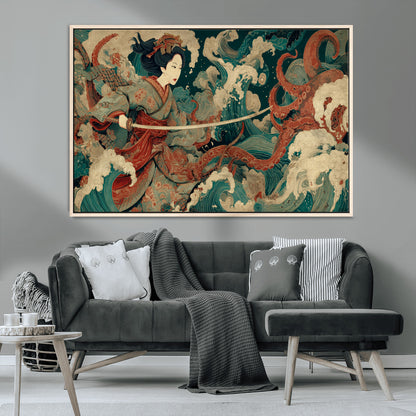 30212982-MGV-CV-36X24-Samurai Woman vs Octopus Wall Art – Japanese Ukiyo-e Style Warrior and Sea Monster Canvas Print, Mythology Inspired Artwork for