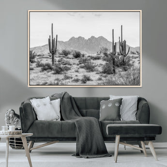 97436PHN-MGV-CV-36X24-Desert Landscape Wall Art – Black and White Cactus and Mountain Canvas Print, Southwestern Nature Photography for Living Room,