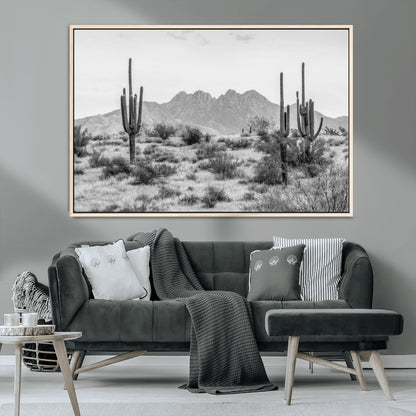 97436PHN-MGV-CV-36X24-Desert Landscape Wall Art – Black and White Cactus and Mountain Canvas Print, Southwestern Nature Photography for Living Room,