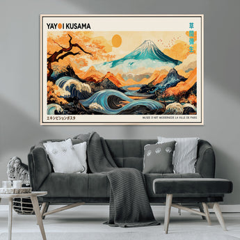 94085549-MGV-CV-36X24-Yayoi Kusama Inspired Japanese Landscape Art Print – Vibrant Mount Fuji, Waves & Autumn Trees, Modern Decorative Poster for