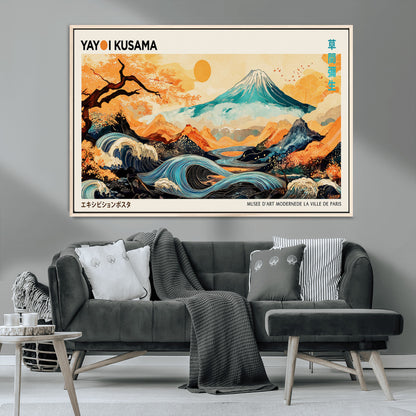 94085549-MGV-CV-36X24-Yayoi Kusama Inspired Japanese Landscape Art Print – Vibrant Mount Fuji, Waves & Autumn Trees, Modern Decorative Poster for