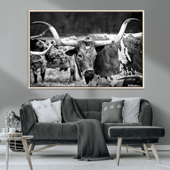 15425553-MGV-FC-36X24_Natural-Western Wall Art – Longhorn Cattle Black and White Canvas Print, Rustic Ranch Photography Decor for Bedroom, Living Room, Office,