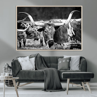 15425553-MGV-FC-36X24_Natural-Western Wall Art – Longhorn Cattle Black and White Canvas Print, Rustic Ranch Photography Decor for Bedroom, Living Room, Office,