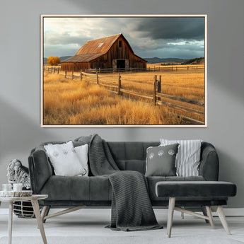 16480179-MGV-CV-36X24-Farmhouse Wall Art – Rustic Barn and Golden Field Canvas Print, Country Landscape Photography Decor for Bedroom, Living Room,