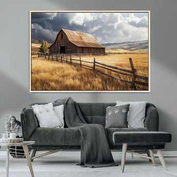 23718739-MGV-CV-36X24-Farmhouse Wall Art – Rustic Barn and Golden Wheat Field Canvas Print, Country Landscape Photography Decor for Bedroom, Living