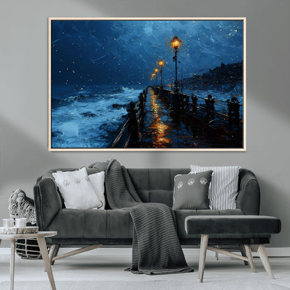 48300530-MGV-CV-36X24-Night Pier Wall Art – Moody Ocean Boardwalk Canvas Print, Impressionist Coastal Seascape Painting Decor for Living Room, Office,