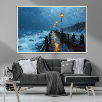 93793246-MGV-CV-36X24-Stormy Night Pier Canvas Wall Art – Moody Ocean Landscape with Lights, Blue Coastal Seascape Print for Bedroom, Living Room,