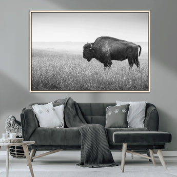 90861202-MGV-FC-36X24_Natural-Black and White Bison Canvas Wall Art – Rustic American Buffalo Print, Western Wildlife Photography for Farmhouse, Cabin, Office