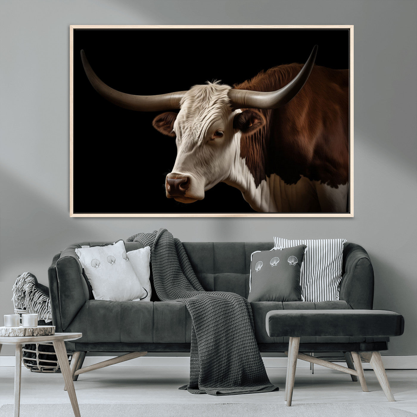27414857-MGV-CV-36X24-Longhorn Bull Wall Art – Dramatic Western Steer Portrait Canvas Print, Rustic Farmhouse Animal Decor for Living Room, Office, or