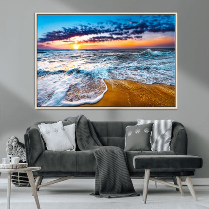 24077769-MGV-CV-36X24-Sunset Beach Wall Art – Ocean Waves Canvas Print, Golden Shoreline Photography Coastal Decor for Living Room, Bedroom, Office,