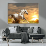 67478480-MGV-CV-36X24-White Horse Running at Sunset Wall Art – Majestic Equestrian Photography Print, Rustic Farmhouse Decor, Golden Sky Horse Lover