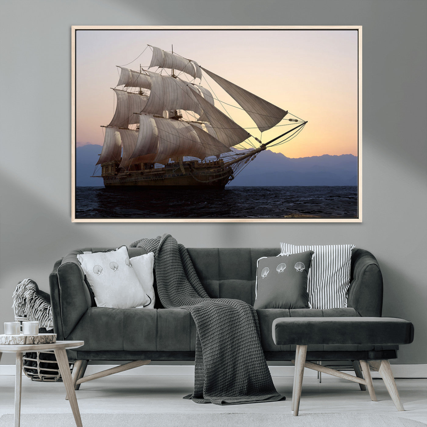 99957679-MGV-CV-36X24-Majestic Sailing Ship Wall Art – Sunset Ocean Voyage, Classic Tall Ship with Wind Filled Sails Canvas Print for Home, Office,