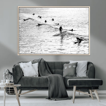 68018616-MGV-CV-36X24-Black and White Surf Photography Print – Minimalist Ocean Wall Art, Surfers Riding Waves, Coastal Beach Decor for Modern Home or