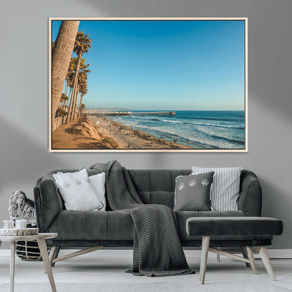 92568259-MGV-CV-36X24-California Beach Wall Art – Palm Tree Pier Canvas Print, Coastal Ocean Photography Seaside Decor for Living Room, Bedroom, Office,