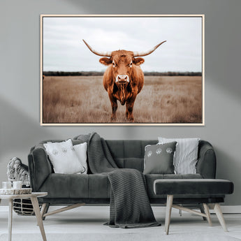 16316734-MGV-CV-36X24-Texas Longhorn Wall Art – Rustic Bull Portrait Canvas Print, Western Farmhouse Animal Photography Decor for Living Room, Office,