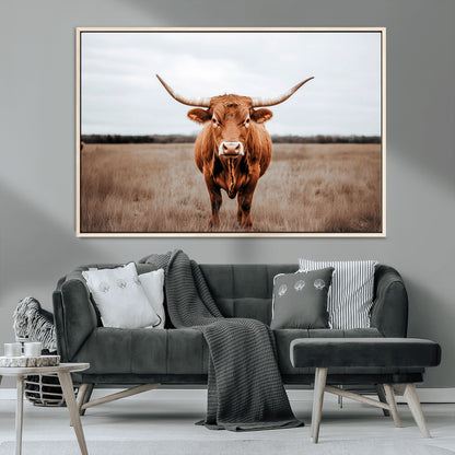 16316734-MGV-CV-36X24-Texas Longhorn Wall Art – Rustic Bull Portrait Canvas Print, Western Farmhouse Animal Photography Decor for Living Room, Office,
