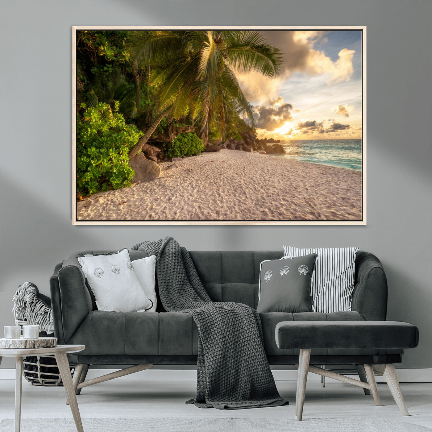 89531159-MGV-CV-36X24-Tropical Beach Sunset Canvas Wall Art – Palm Trees Golden Sand Ocean Waves Coastal Paradise Print for Beach House Bedroom Bathroom