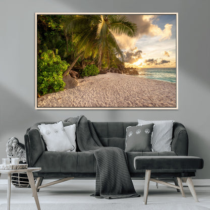 89531159-MGV-CV-36X24-Tropical Beach Sunset Canvas Wall Art – Palm Trees Golden Sand Ocean Waves Coastal Paradise Print for Beach House Bedroom Bathroom