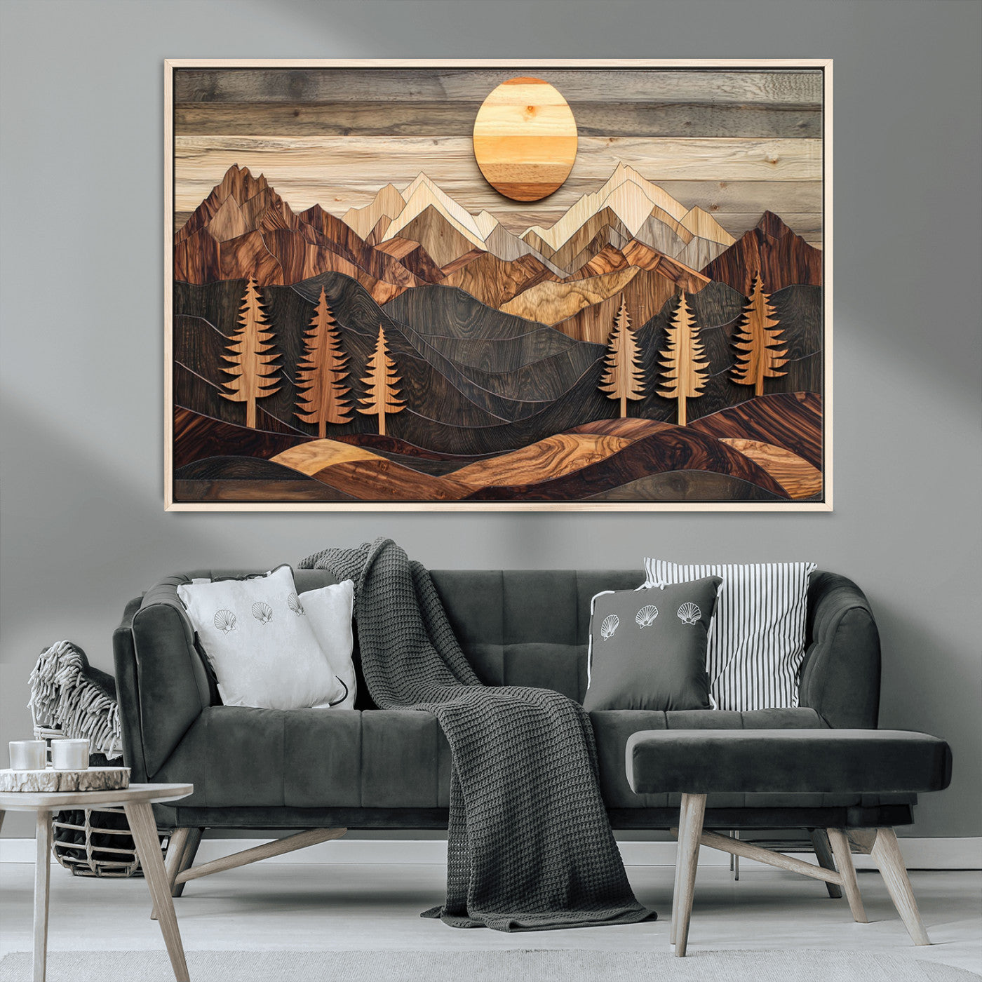 90044381-MGV-CV-36X24-Rustic Wall Art – Wooden Mountain Landscape with Sun and Pine Trees, Handcrafted Nature Canvas Style Decor for Bedroom, Living