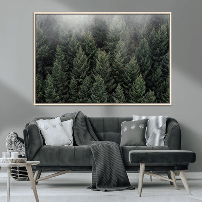 84059409-MGV-CV-36X24-Forest Wall Art – Misty Evergreen Trees Canvas Print, Tranquil Nature Photography Decor for Bedroom, Living Room, Office, Cabin or