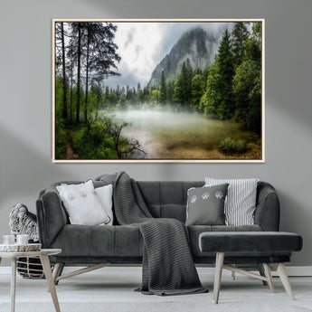 93123937-MGV-CV-36X24-Landscape Wall Art – Misty Mountain Lake Canvas Print, Tranquil Forest and Waterfall Photography Decor for Bedroom, Living Room,
