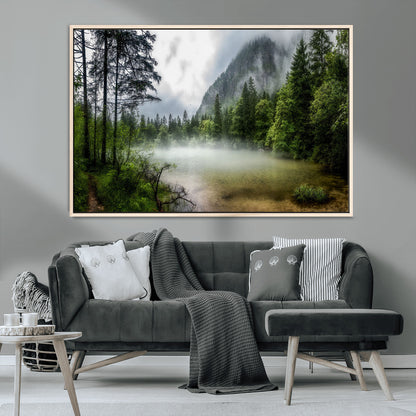 93123937-MGV-CV-36X24-Landscape Wall Art – Misty Mountain Lake Canvas Print, Tranquil Forest and Waterfall Photography Decor for Bedroom, Living Room,