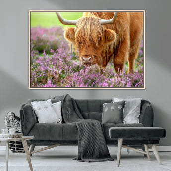 64069351-MGV-CV-36X24-Farmhouse Wall Art – Highland Cow in Wildflowers Canvas Print, Rustic Country Cattle Photography Decor for Bedroom, Living Room,