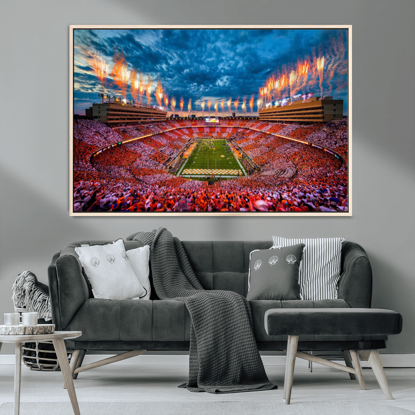 94266219-MGV-CV-36X24-Neyland Stadium Wall Art – Panoramic Tennessee Volunteers Checkerboard Crowd Fireworks Canvas Print, Football Game Day Sports