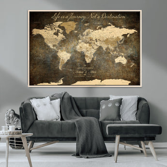 13394308-MGV-FC-36X24_Natural-Personalized World Map Wall Art – Dark Rustic Vintage Adventure Travel Map with Custom Couple Names, Timeless Wall Decor for Home