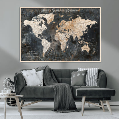 55548943-MGV-CV-36X24-Personalized World Map Wall Art – Rustic Wood Texture Adventure Travel Map with Custom Couple Names, Vintage Dark Wall Decor for