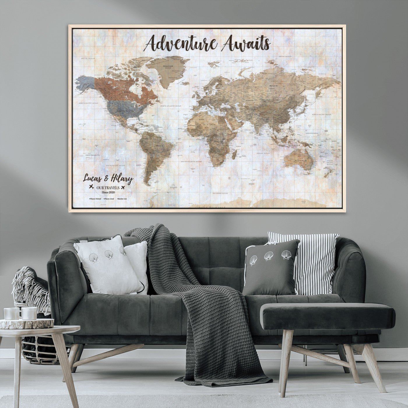 30792405-MGV-CV-36X24-Personalized World Map Wall Art – Rustic Beige Adventure Travel Map with Custom Couple Names, Vintage Wall Decor for Home or