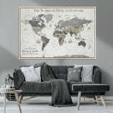 97082026-MGV-CV-36X24-Personalized World Map Wall Art – Vintage Gray Adventure Travel Map with Custom Couple or Family Names, Rustic Wall Decor for Home