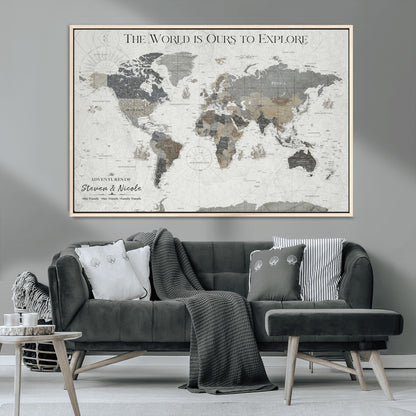 97082026-MGV-CV-36X24-Personalized World Map Wall Art – Vintage Gray Adventure Travel Map with Custom Couple or Family Names, Rustic Wall Decor for Home