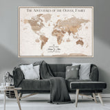 43869621-MGV-CV-36X24-Personalized World Map Wall Art – Light Beige Sepia Adventure Travel Map with Custom Family or Couple Names, Rustic Wall Decor for
