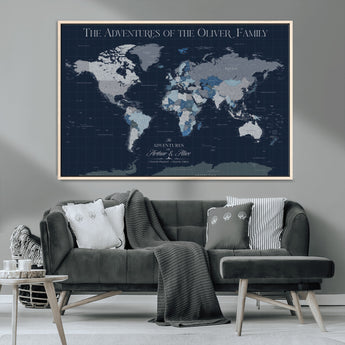 76726424-MGV-CV-36X24-Personalized World Map Wall Art – Navy Blue & Grey Adventure Travel Map with Custom Family or Couple Names, Modern Wall Decor for