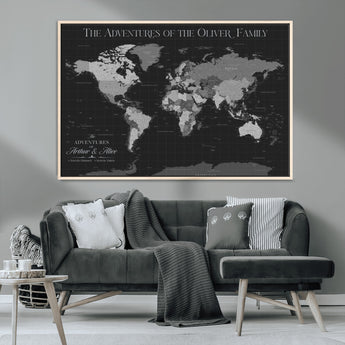 46064114-MGV-CV-36X24-Personalized World Map Wall Art – Black & Grey Adventure Travel Map with Custom Family or Couple Names, Modern Wall Decor for Home