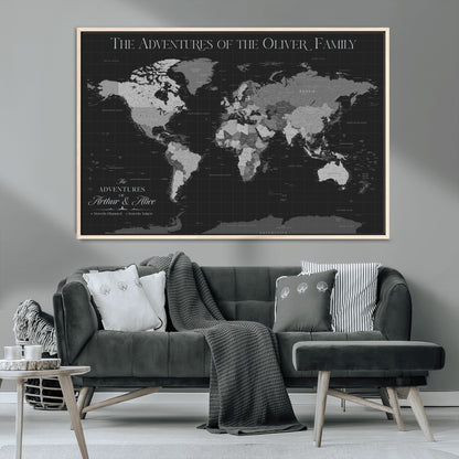 46064114-MGV-CV-36X24-Personalized World Map Wall Art – Black & Grey Adventure Travel Map with Custom Family or Couple Names, Modern Wall Decor for Home