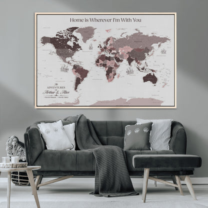 33204797-MGV-CV-36X24-Personalized World Map Wall Art – Burgundy & Grey Adventure Travel Map with Custom Names, Romantic Wall Decor for Couples, Home or