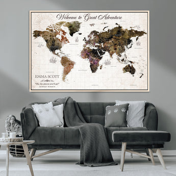 33631532-MGV-CV-36X24-Personalized World Map Wall Art – Dark Vintage Adventure Travel Map with Custom Names, Rustic Wall Decor for Couples, Home or