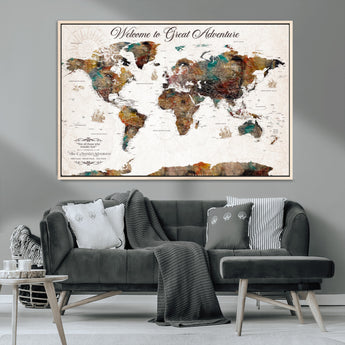 67029173-MGV-CV-36X24-Personalized World Map Wall Art – Colorful Vintage Adventure Travel Map with Custom Couple Names, Rustic Wall Decor for Home,