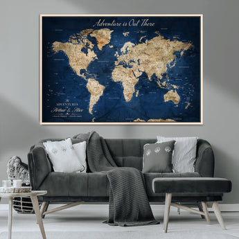 71052542-MGV-CV-36X24-Personalized World Map Wall Art – Rustic Navy Blue Adventure Travel Map with Custom Couple Names, Vintage Wall Decor for Home or