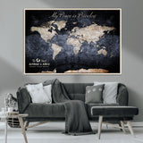 85403043-MGV-CV-36X24-Personalized World Map Wall Art – Dark Blue Rustic Adventure Map with Custom Couple Names, Vintage Wall Decor for Home or Travel