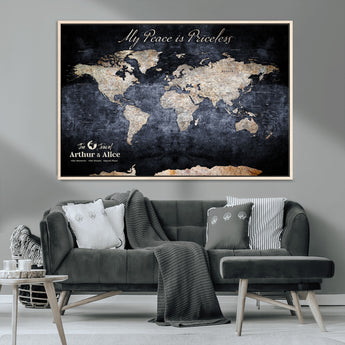 85403043-MGV-CV-36X24-Personalized World Map Wall Art – Dark Blue Rustic Adventure Map with Custom Couple Names, Vintage Wall Decor for Home or Travel