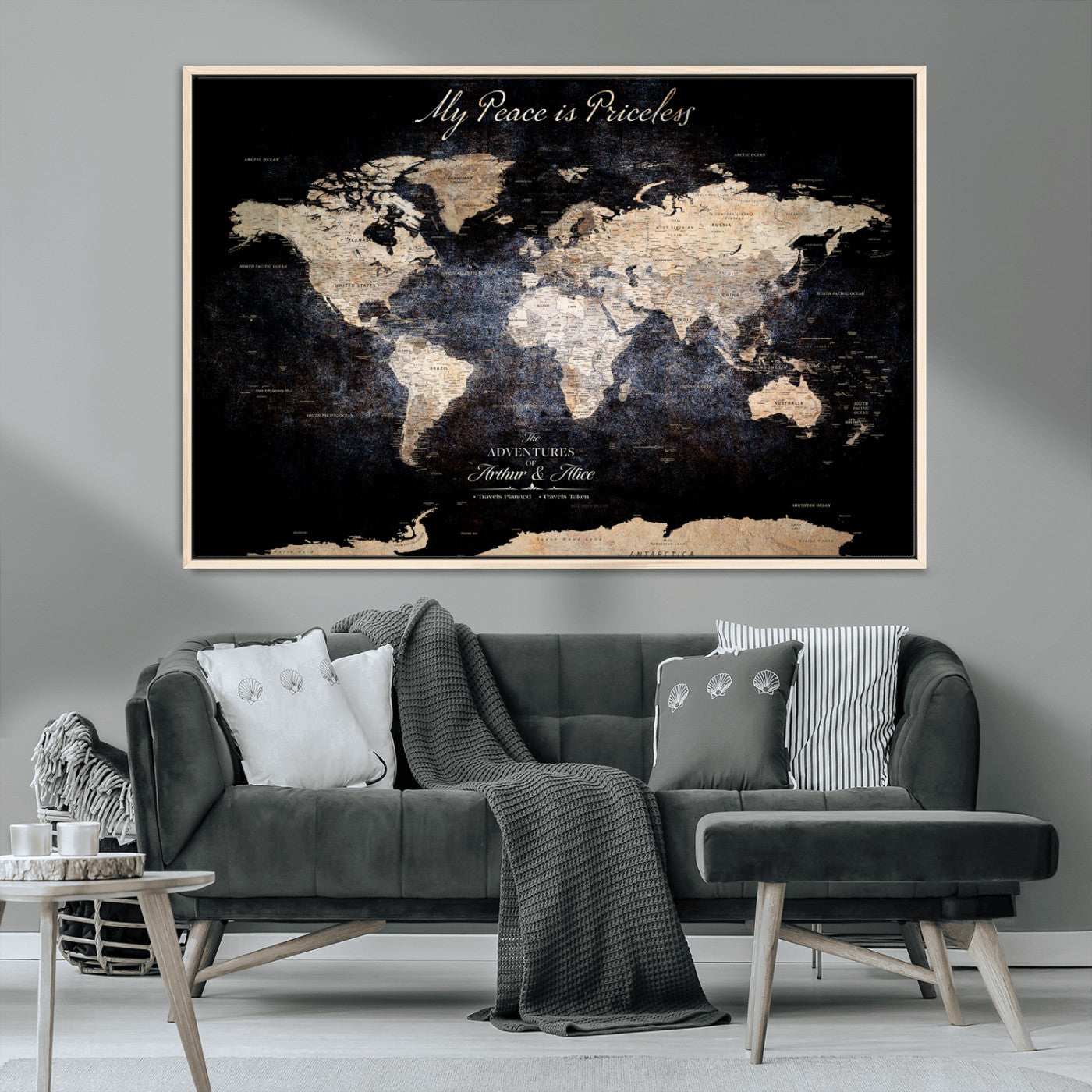 51488142-MGV-CV-36X24-Personalized World Map Wall Art – Dark Rustic Adventure Travel Map with Custom Names, Vintage Wall Decor for Couples, Families or