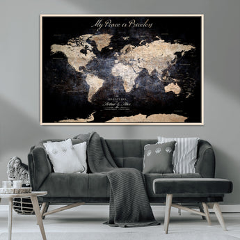 51488142-MGV-CV-36X24-Personalized World Map Wall Art – Dark Rustic Adventure Travel Map with Custom Names, Vintage Wall Decor for Couples, Families or