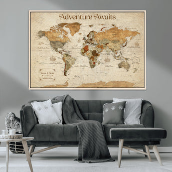 18685073-MGV-CV-36X24-Personalized World Map Wall Art – Antique Vintage Parchment Adventure Awaits Travel Map with Custom Couple Names, Rustic Wall